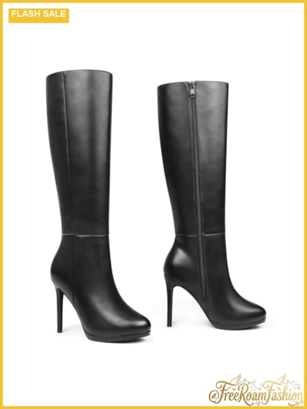 Women's Platform Stiletto Knee High Boots Faux Leather Round Toe Zip